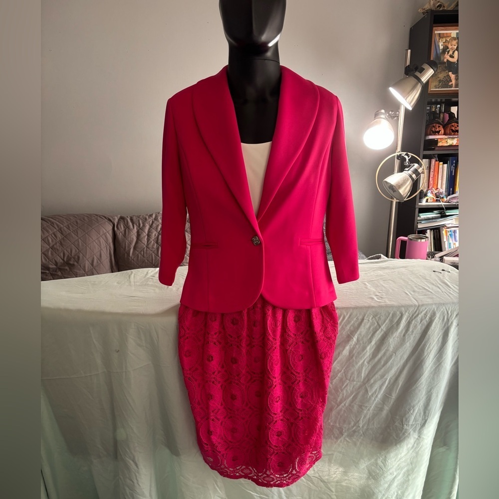 Elegant Pink Lace Midi Dress with Blazer